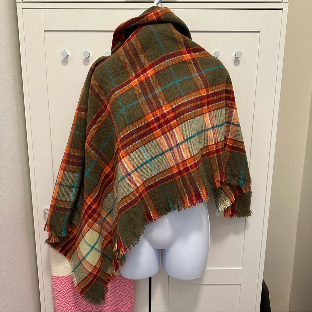 Avenue Plaid Fringe Throw - Olive, Orange & Teal Accents